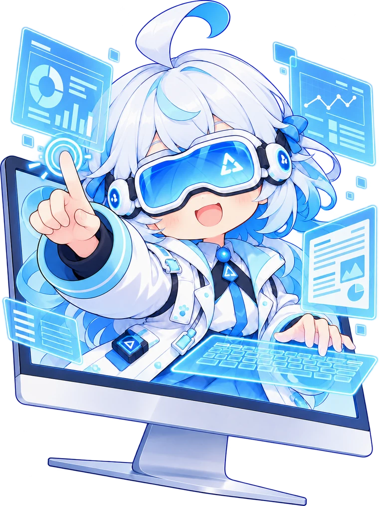 パソコンの画面から飛び出して案内するAIナビゲーターのアオ