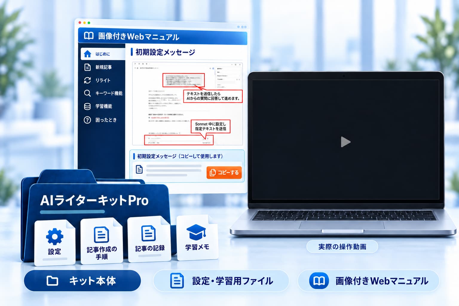 AIライターキットProのセット。左に画像付きWebマニュアルの設定手順・記事作成・困ったときの案内、手前に本体と設定・学習用ファイル、右のPC画面に操作動画を表示します