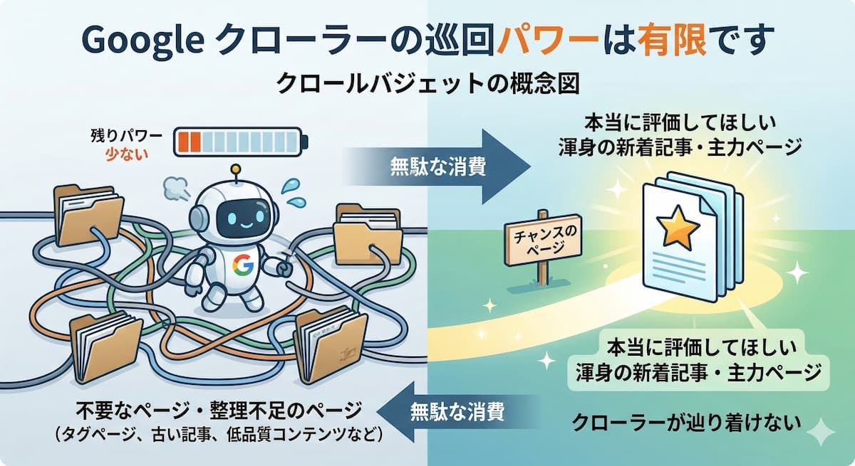 専門用語であるクロールバジェットのメカニズムを解説する概念図