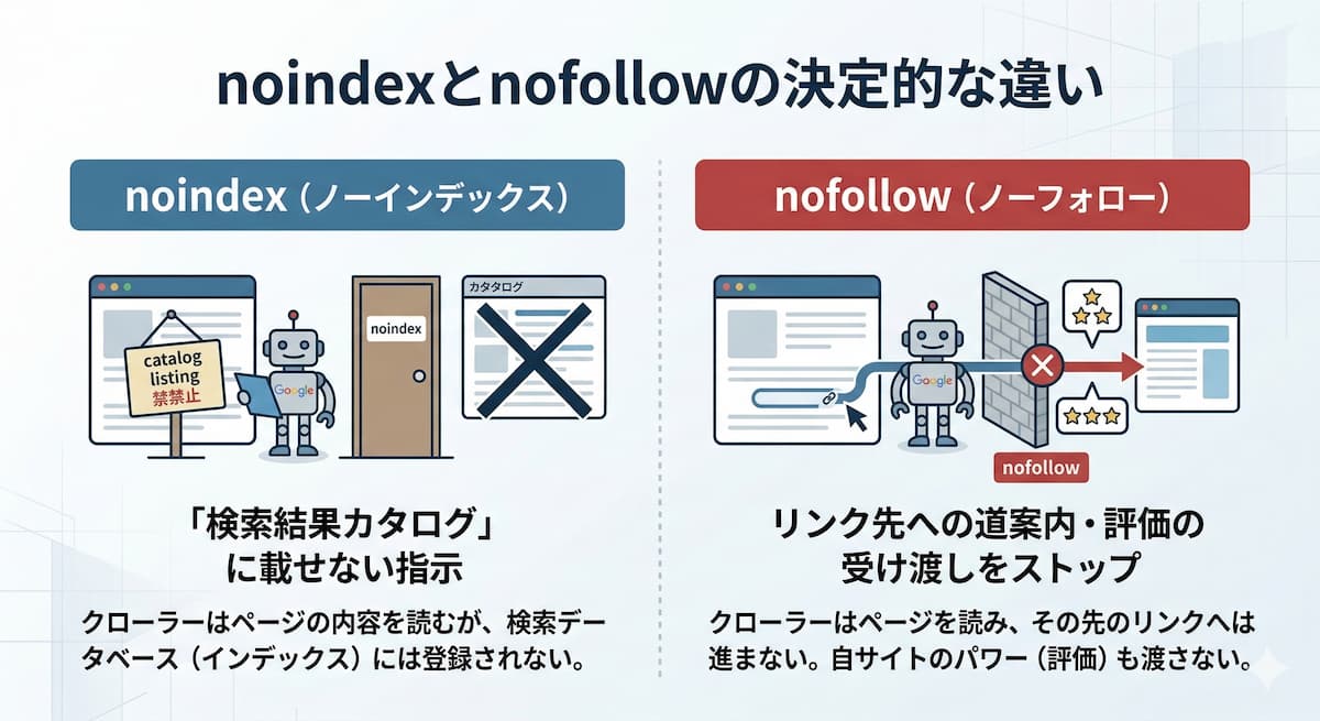 noindexとnofollow2つのタグの役割の違いを一目で理解させる概念図