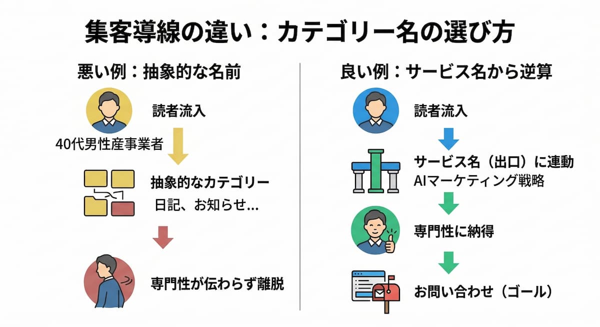 悪い例と良い例の「集客導線（カスタマージャーニー）の違い」を表すフロー図。