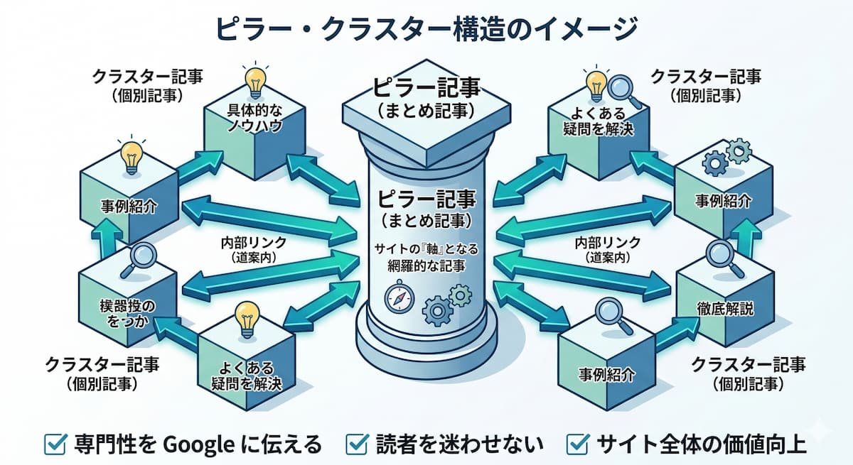 AI時代を生き抜く「ピラー・クラスター構造」の概念図