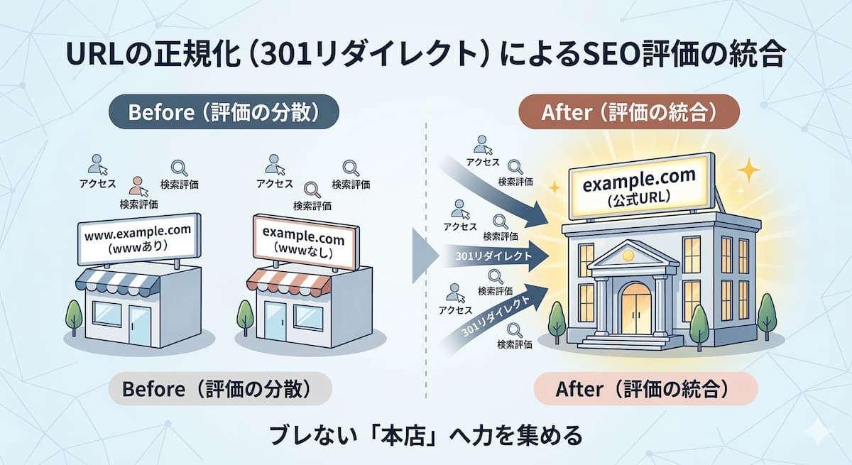 301リダイレクトによる評価の集約メカニズム