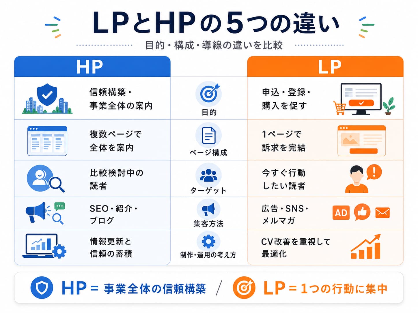 LPとHPの5つの違い 比較インフォグラフィック