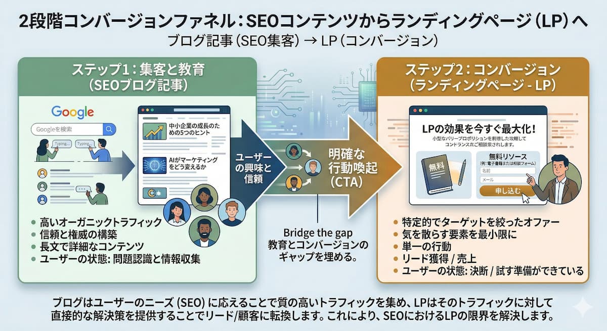ブログ記事（SEO集客）→LP（コンバージョン）という2段階の導線構造を示す図