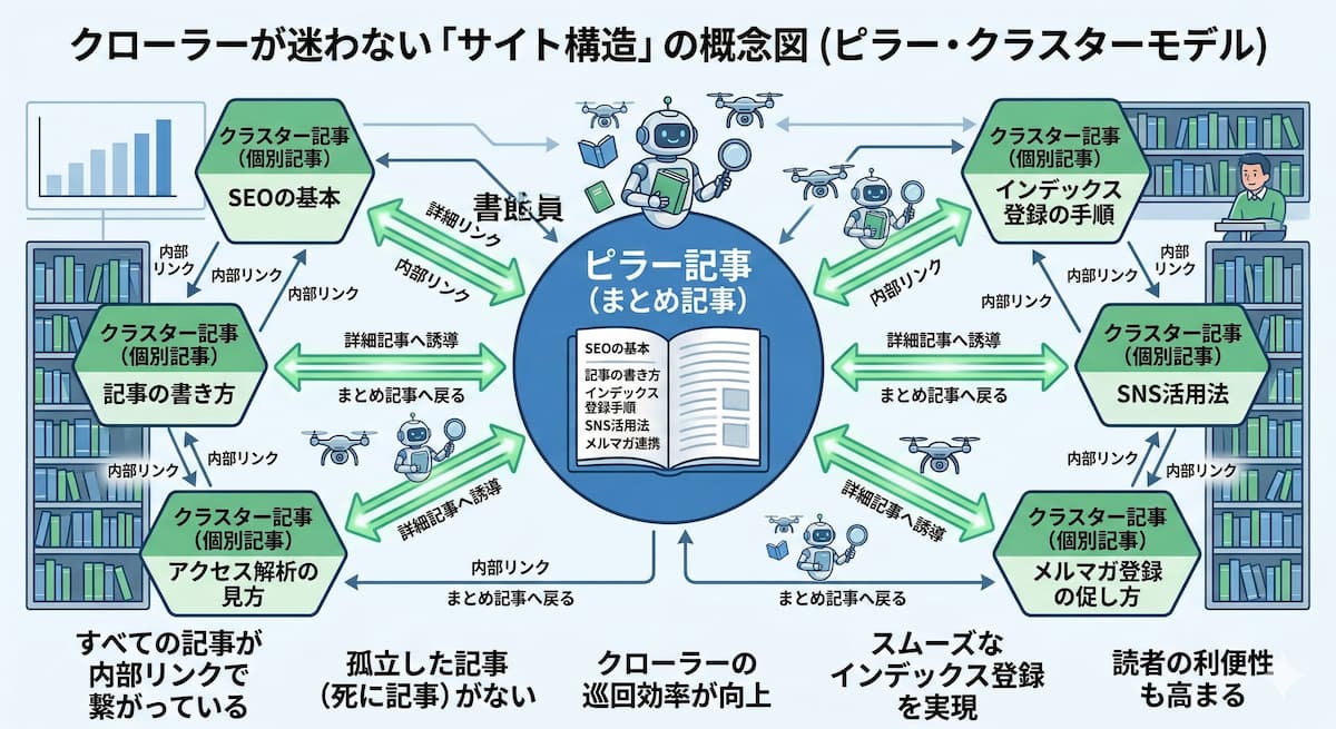ピラー記事（まとめ記事）を中心に、クラスター記事（個別の悩み解決記事）が内部リンクで綺麗に繋がっているサイト構造の概念図