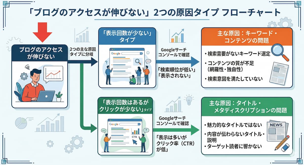 ブログのアクセスが伸びない」2つの原因タイプのフローチャート。