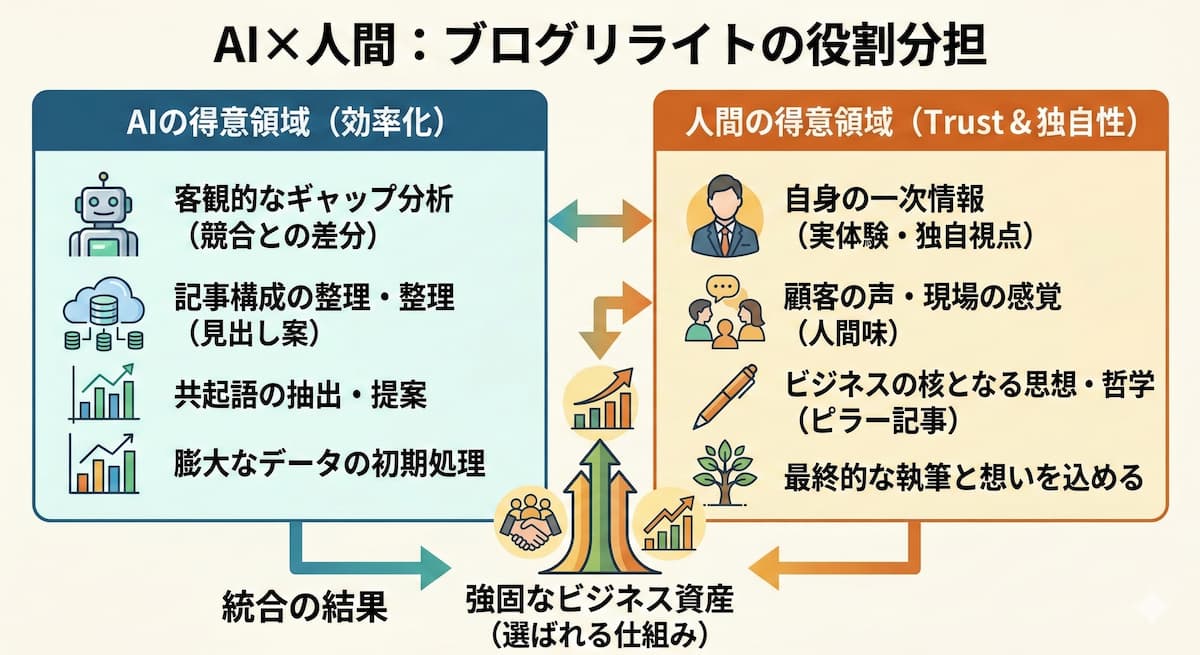 リライトにおける「AI」と「人間」の役割分担を示すハイブリッド図解