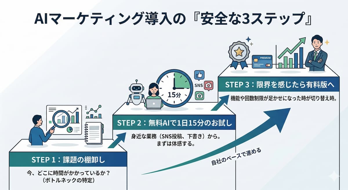 AI導入の「安全な3ステップ」を示す階段状のステップ図表