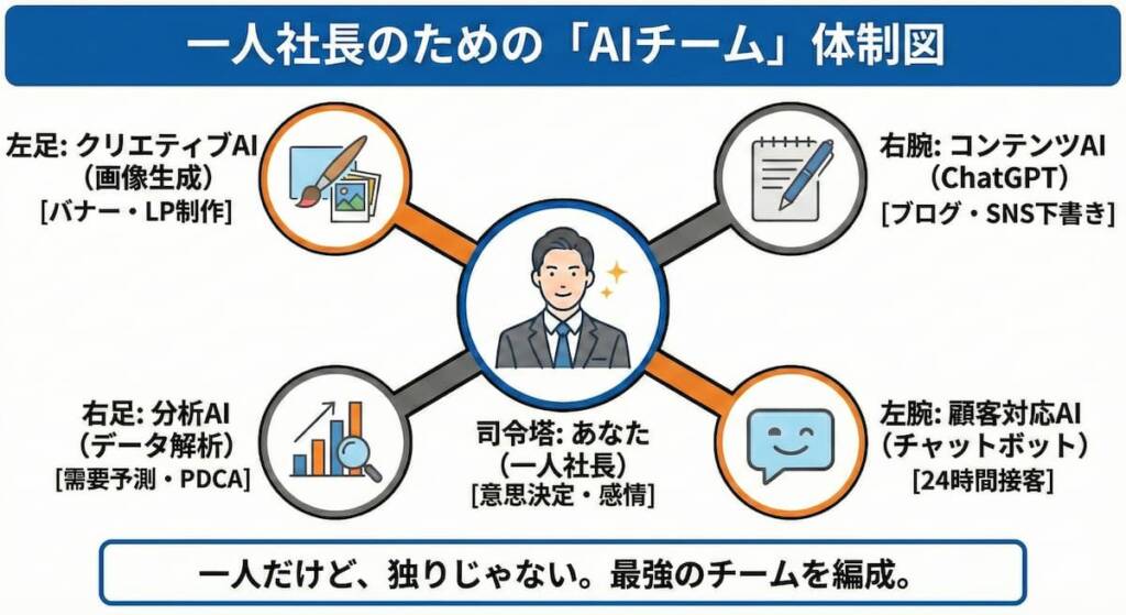 中央の「あなた（一人社長）」を、4つのAIが囲んで支えている図