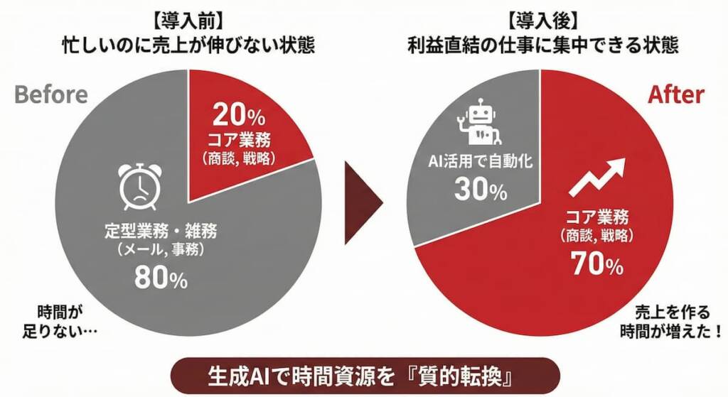 生成AI導入前後の時間配分の変化を示す円グラフ。導入前は定型業務が8割を占めているが、導入後はAIによる自動化で定型業務が圧縮され、利益に直結するコア業務（商談・戦略）の時間が大幅に拡大している様子を可視化。