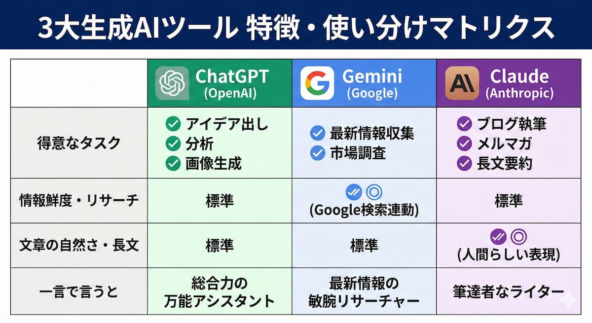 生成AIの主要3ツール（ChatGPT、Gemini、Claude）の特徴と使い分けをまとめた比較表。ChatGPTは『総合力の万能アシスタント』としてアイデア出しや分析に、Geminiは『最新情報の敏腕リサーチャー』として検索連動やGoogle連携に、Claudeは『筆達者なライター』として自然な文章作成や長文要約に適していることを示し、用途に応じた使い分けを推奨している。