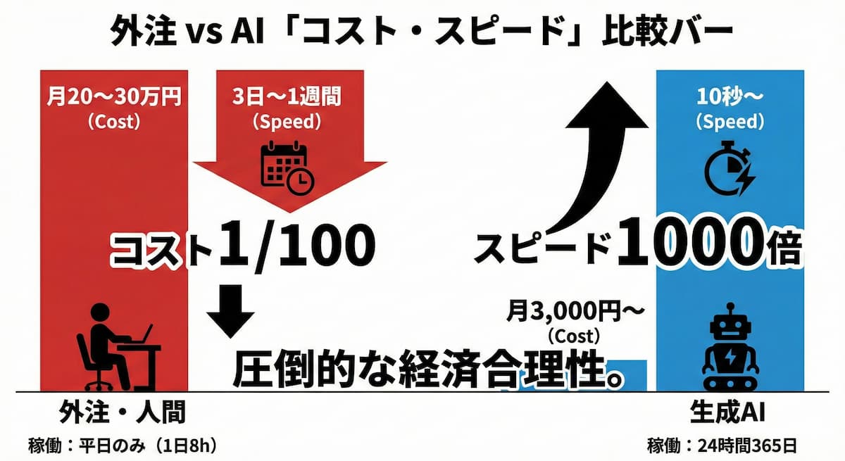 外注（人間）と生成AIの『コスト・スピード・稼働時間』を比較した対比グラフ。月額数千円で24時間365日稼働し、納期数秒で成果を出すAIの圧倒的な生産性とコストパフォーマンスを、一般的な外注費（月20〜30万円・納期数日）と対比して強調している。