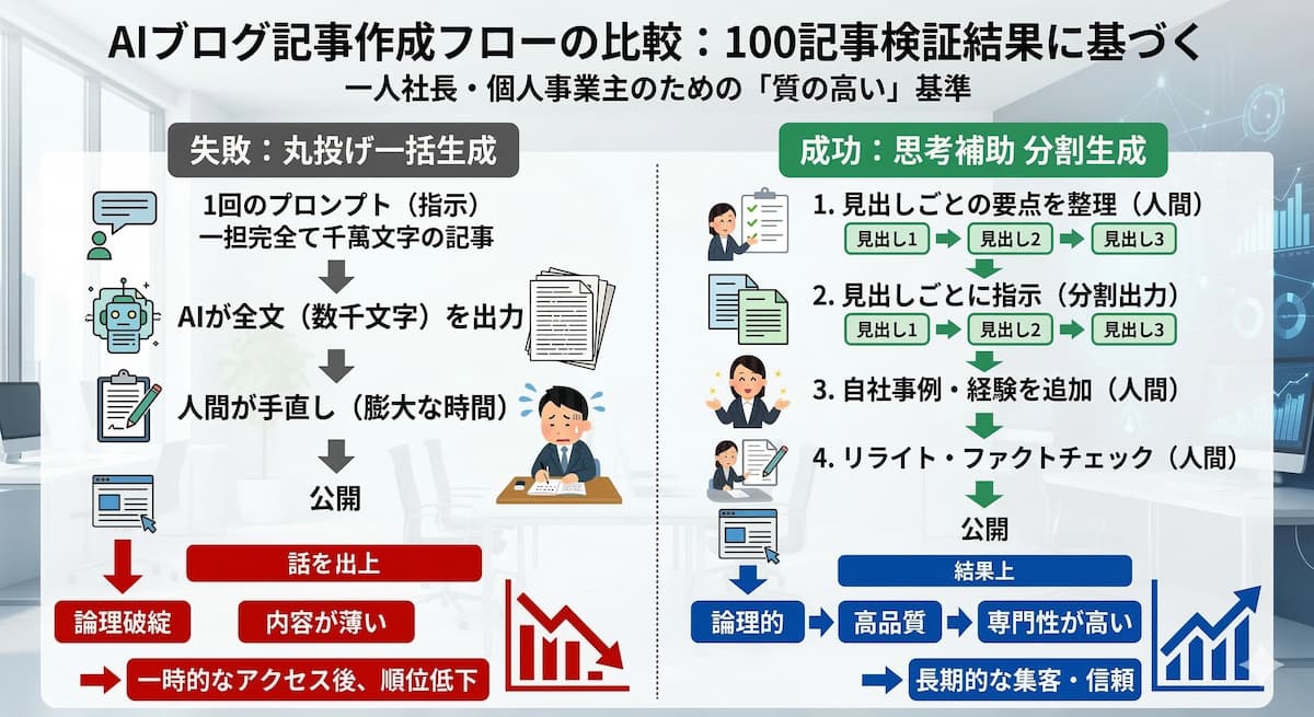 失敗する一括生成 vs 成功する分割生成のフロー図