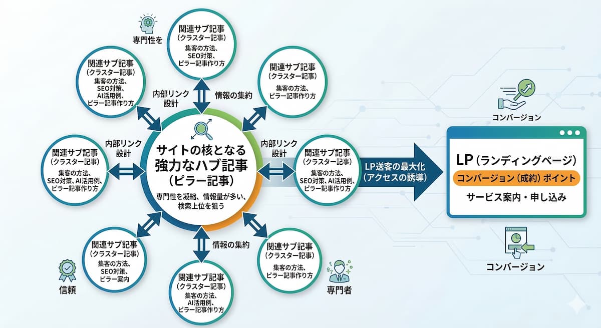 LP送客を最大化するピラー記事（ハブ記事）の構造図