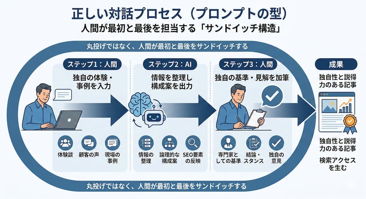 人間とAIの「正しい対話プロセス（プロンプトの型）」を示すフロー図。