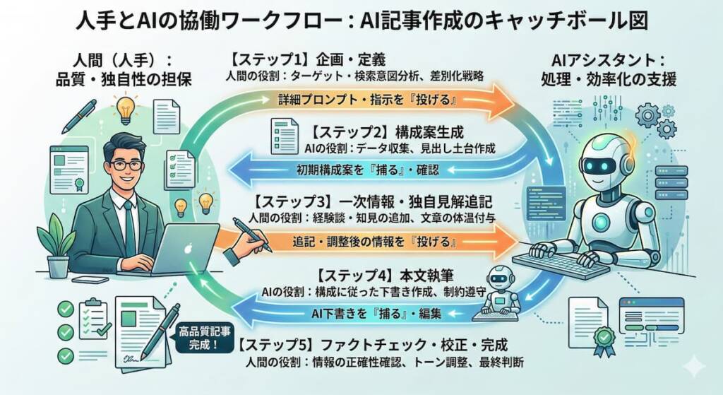 人間（指示・情報提供・チェック）とAI（処理・生成）の間で、どのようにタスクが行き来するかを示すフローチャート