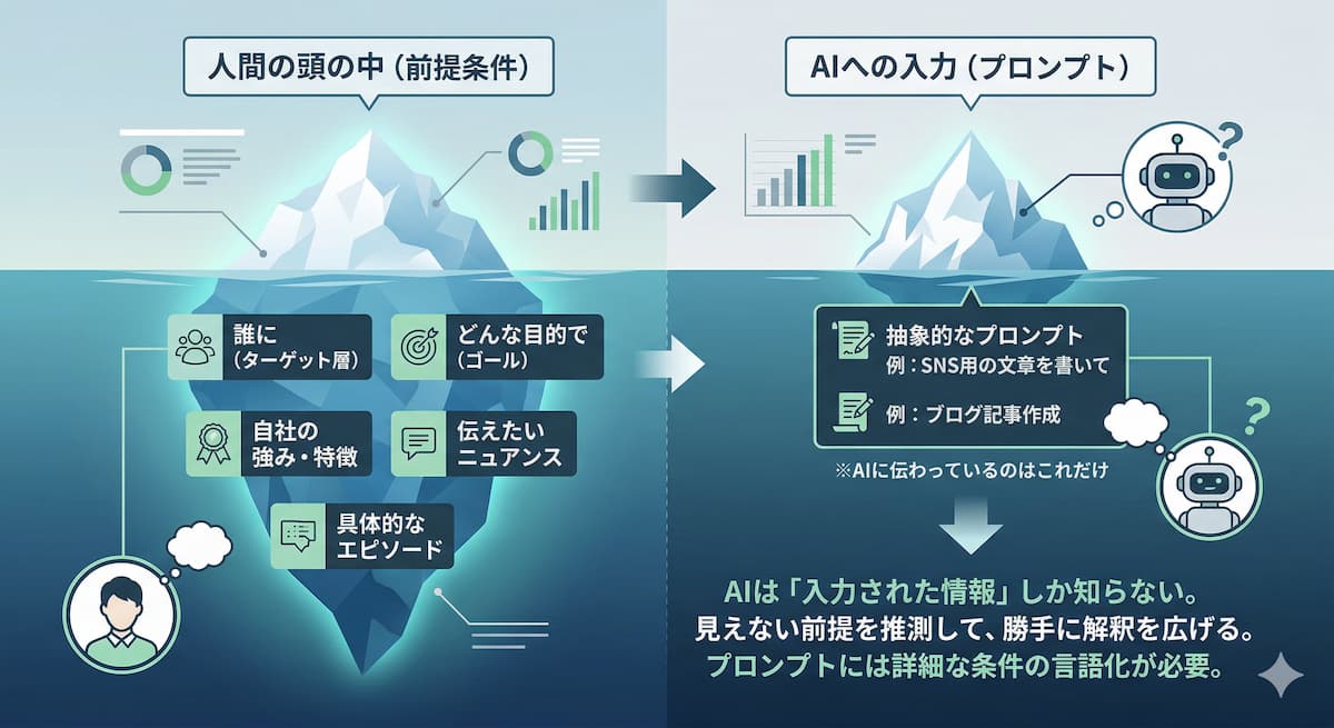 人間の頭の中にある「前提」と、実際にAIに伝わっている「情報」のギャップを示す比較図