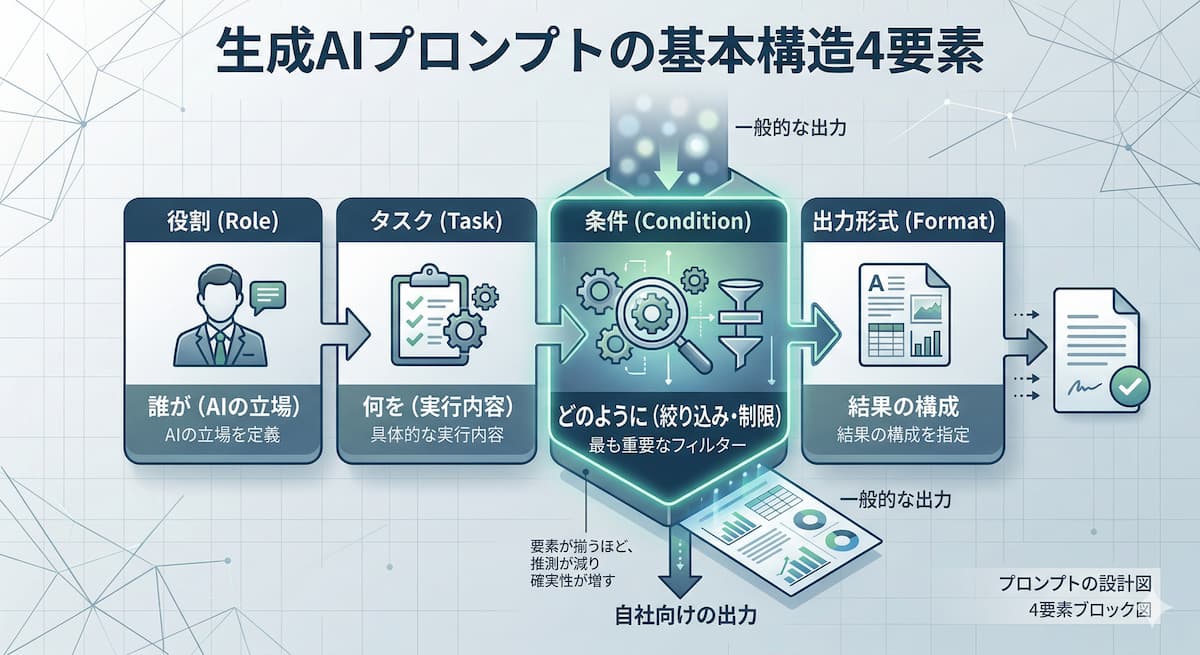 4つの要素が組み合わさって、ひとつの「精度の高いプロンプト」が完成するブロック構造、またはファネル(漏斗)の図