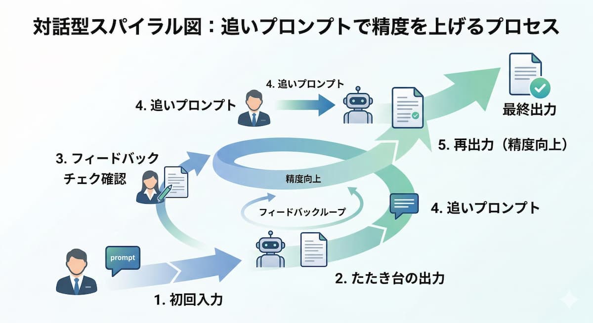 「初回の出力をたたき台にして、追加指示で精度を上げていく」プロセス を、螺旋階段のようにぐるぐると上に登っていくサイクル図