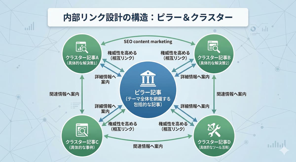 「ピラー記事」と「クラスター記事」の関係性を示す内部リンク設計の構造図